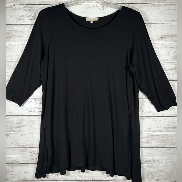 Joan Vass Long Black Tunic Top With Side Slits 1X - Picture 2 of 8